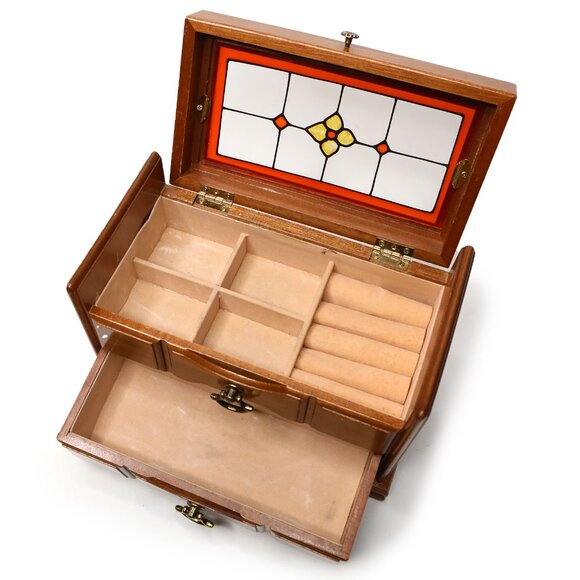 Vintage Wooden Musical Jewelry Box with Stained Glass Lid Trinket Box Storage - Picture 4 of 15